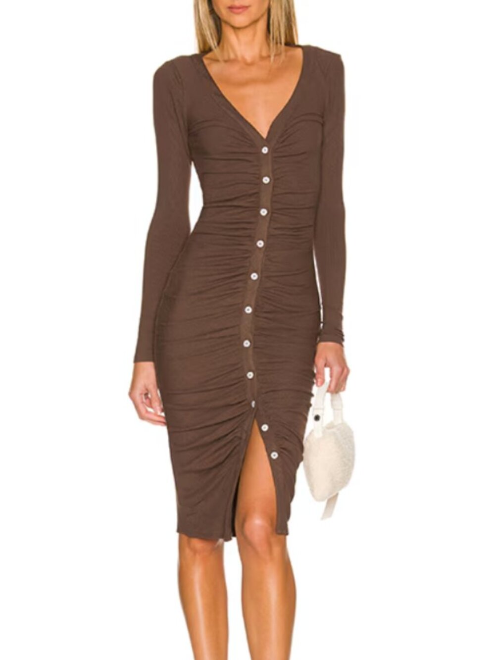 Superdown Grace Brown Stretch Ribbed Bodycon Button-Down Midi Dress